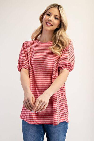 Celeste Full Size Gingham Print Top With Puff Sleeves Plus Size