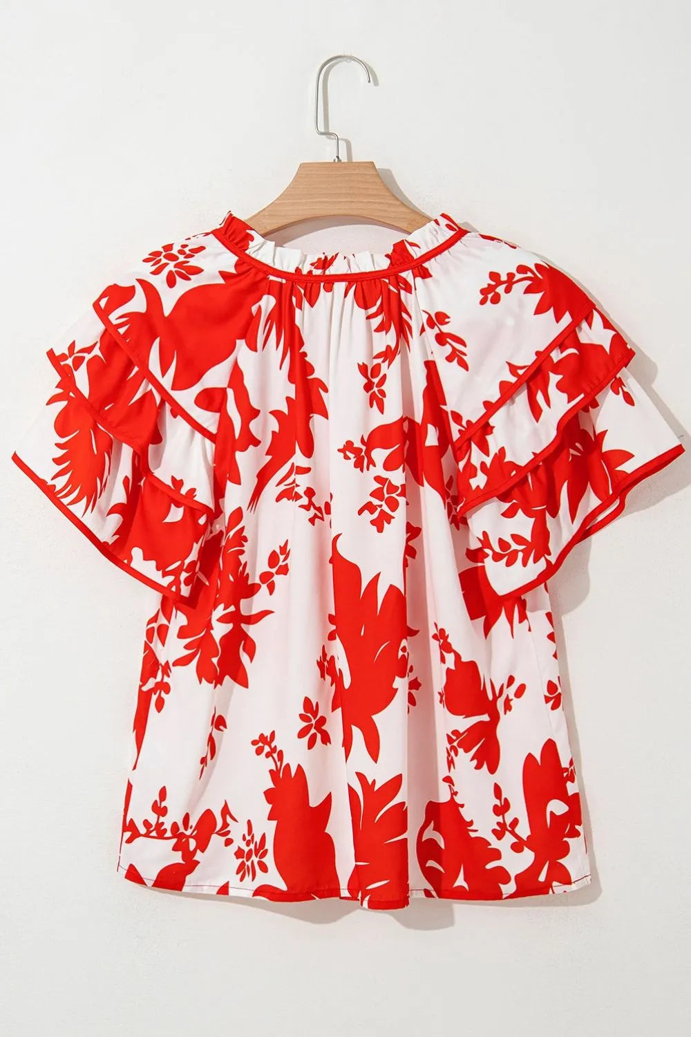 Plant Print Tiered Ruffled Sleeve Tie Neck Blouse
