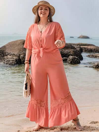Plus Size Button Up Half Sleeve Top and Pants Set - Clothes For Her Online Store