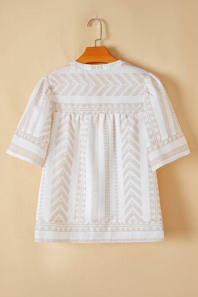 Geometric Jacquard Notched Half Sleeve Blouse - Clothes For Her Online Store