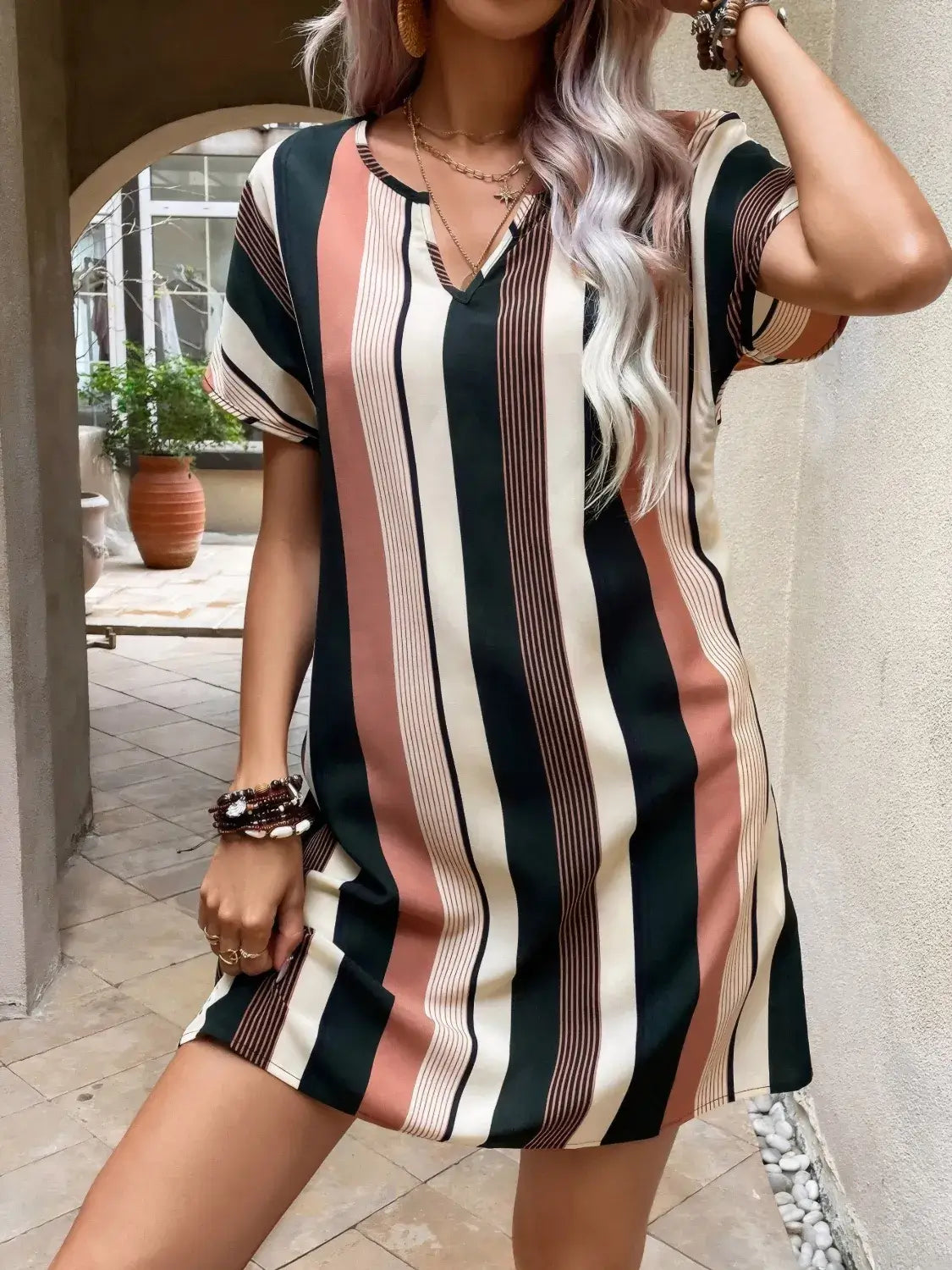 Striped Notched Short Sleeve Dress