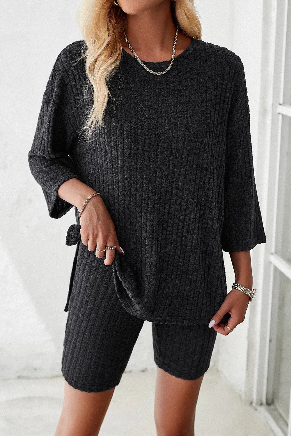 Devine Ribbed Round Neck Top and Shorts Set - Clothes For Her Online Store