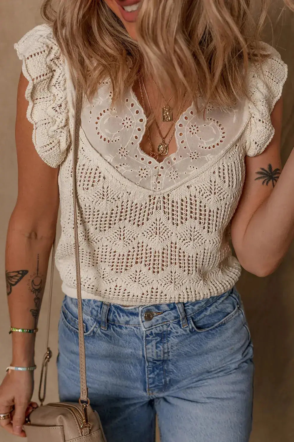 Embroidered Patchwork Hollow Out Knitted Ruffle Sweater Vest - Clothes For Her Online Store