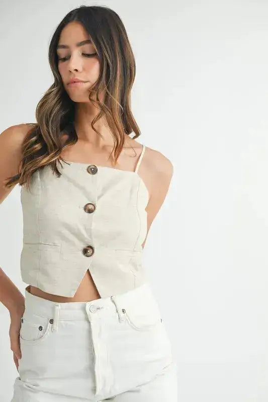 MABLE Linen Mix Button Down Tank Top - Clothes For Her Online Store