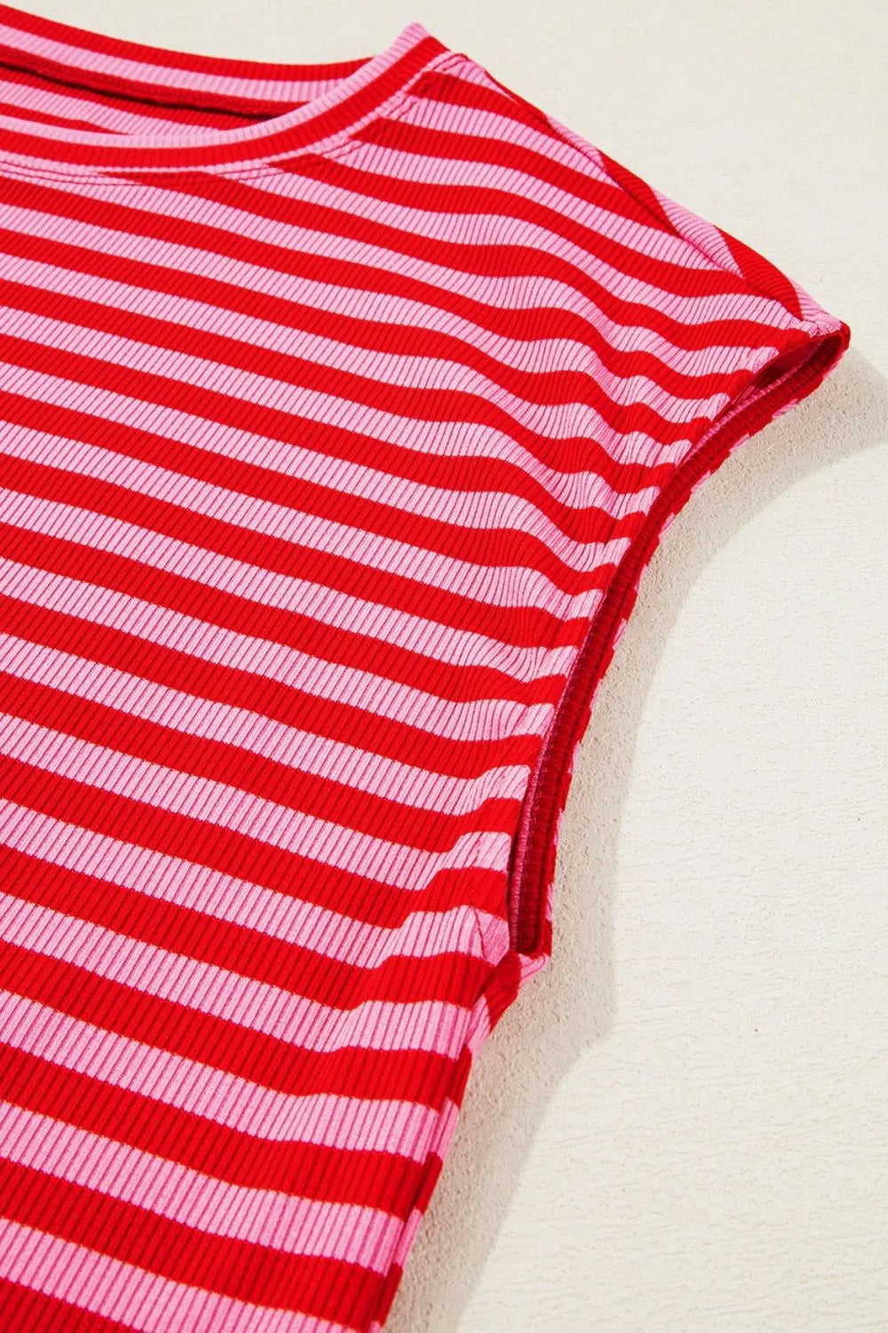 Stripe Ribbed Cap Sleeve Round Neck T Shirt