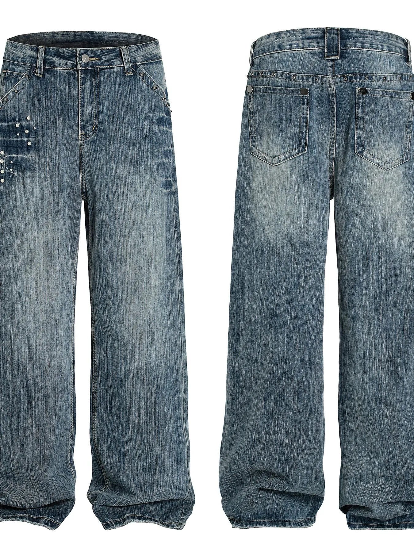 Men's Vintage Wide Leg Pearl Detail Jeans