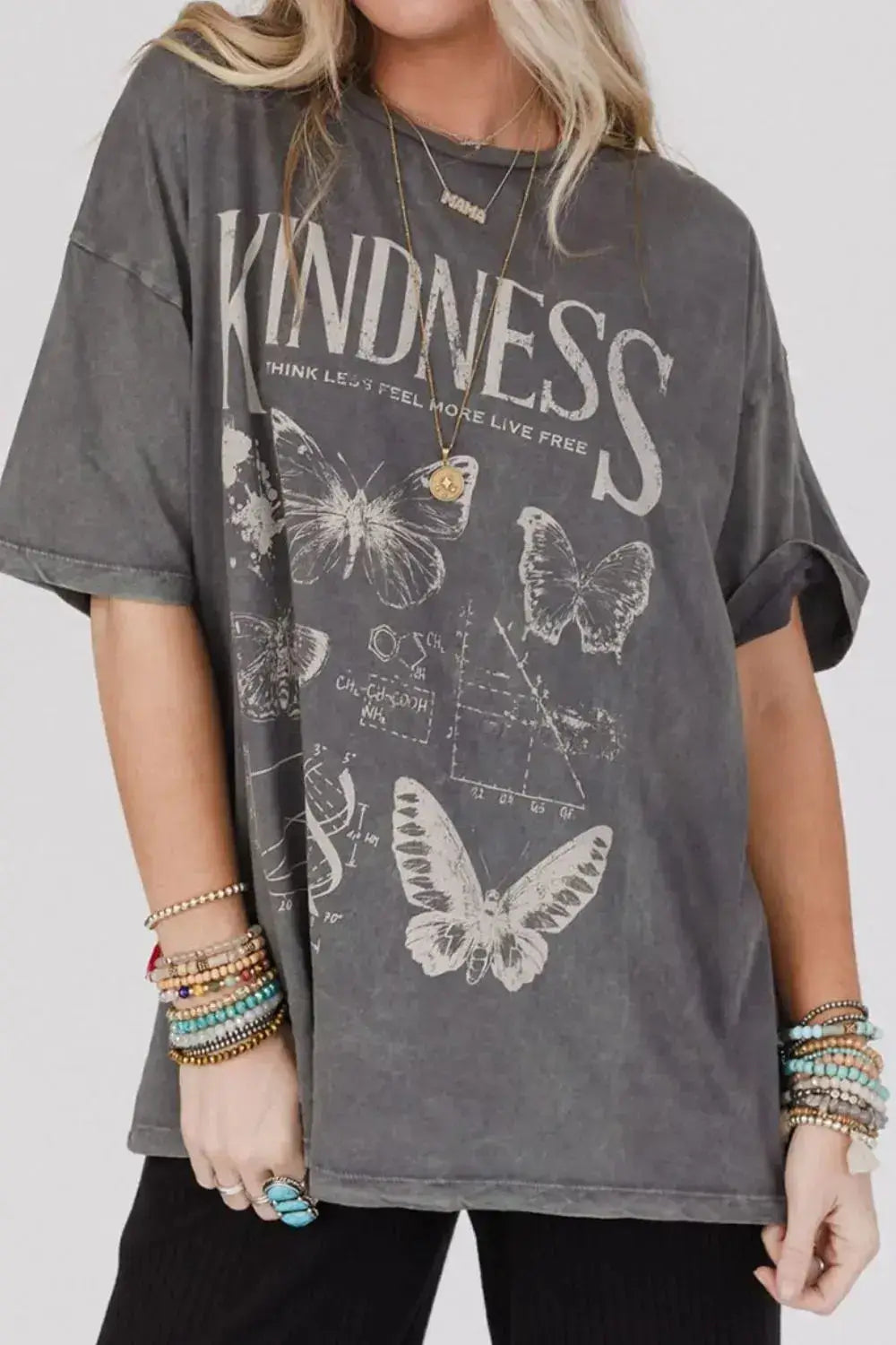 Kindness Butterflies Graphic Mineral Wash Loose Tee - Clothes For Her Online Store