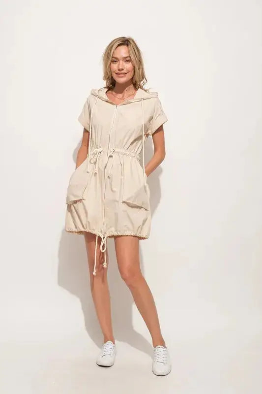 And The Why Short Sleeve String Details Hooded Mini Dress - Clothes For Her Online Store