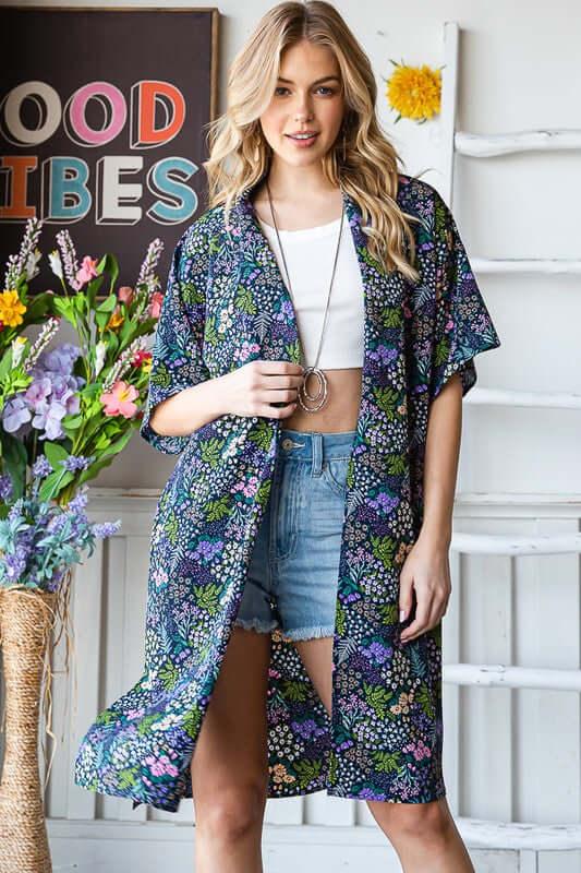 Heimish Full Size Half Sleeve Floral Open Cardigan Plus Size