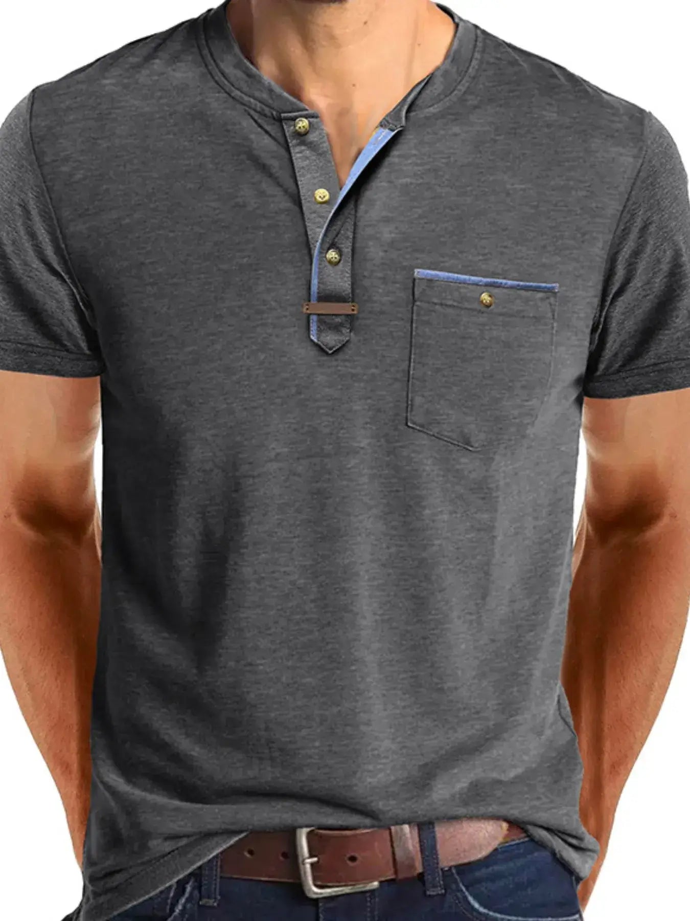 Men's Full Size Short Sleeve Henley Polo with Contrast Trim Plus Size