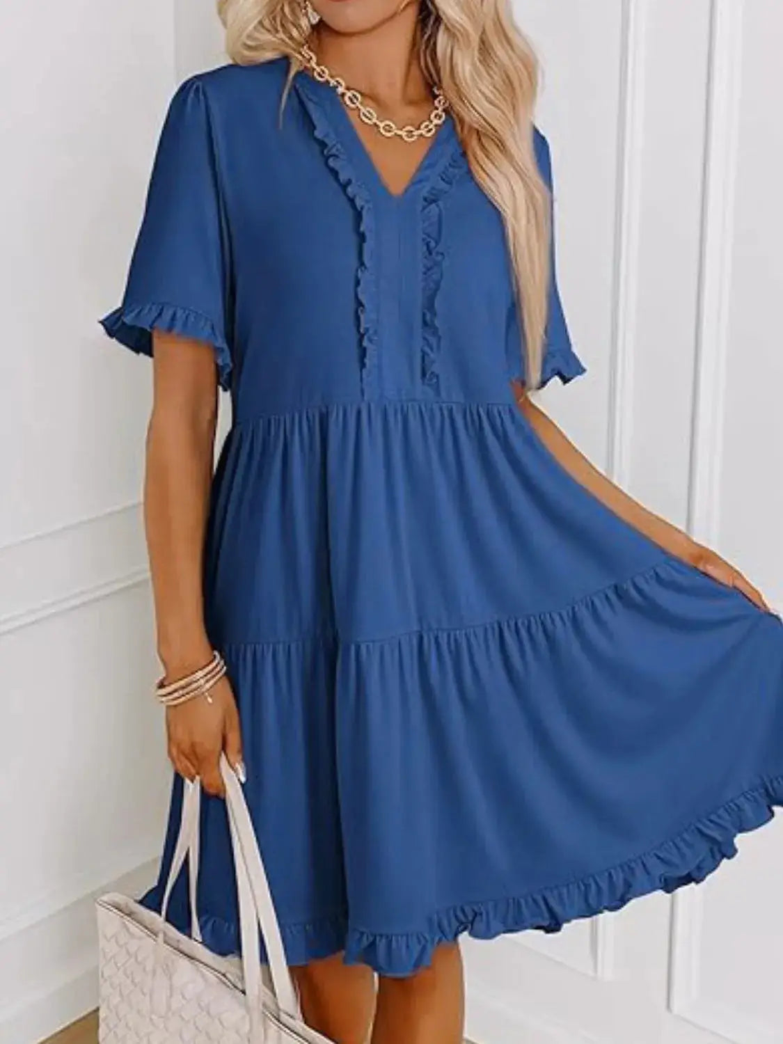 Tiered Notched Short Sleeve Mini Dress - Clothes For Her Online Store