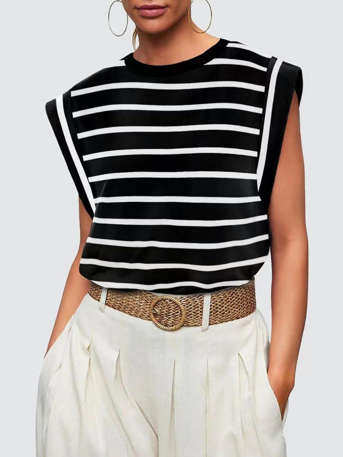 Florira Striped Round Neck Cap Sleeve T-Shirt