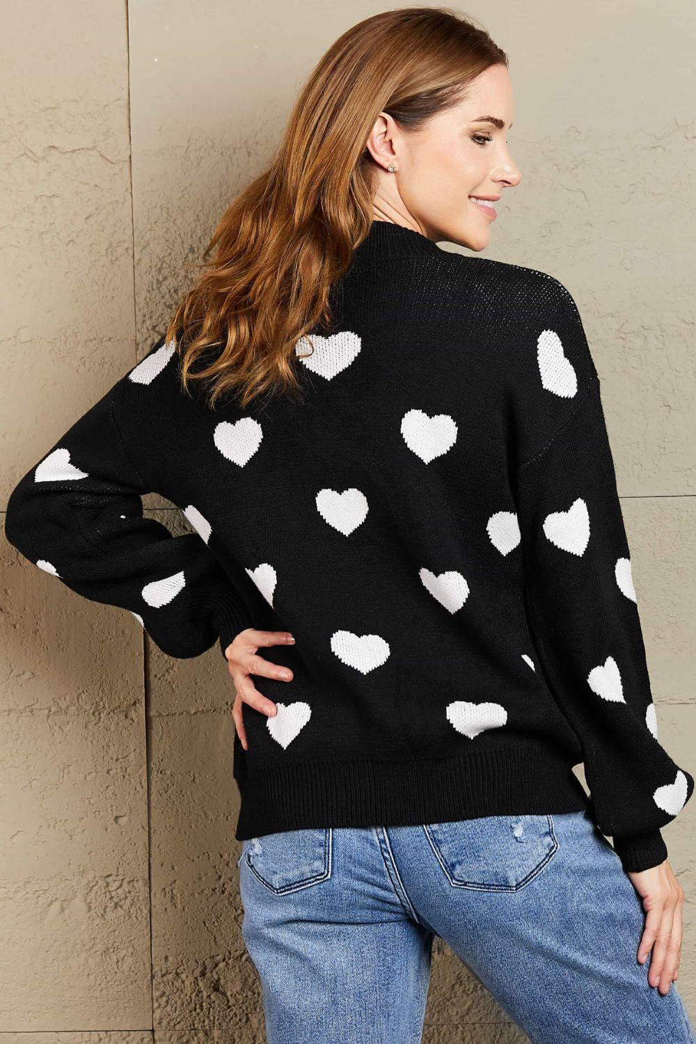 Woven Right Heart Pattern Lantern Sleeve Round Neck Tunic Sweater - Clothes For Her Online Store