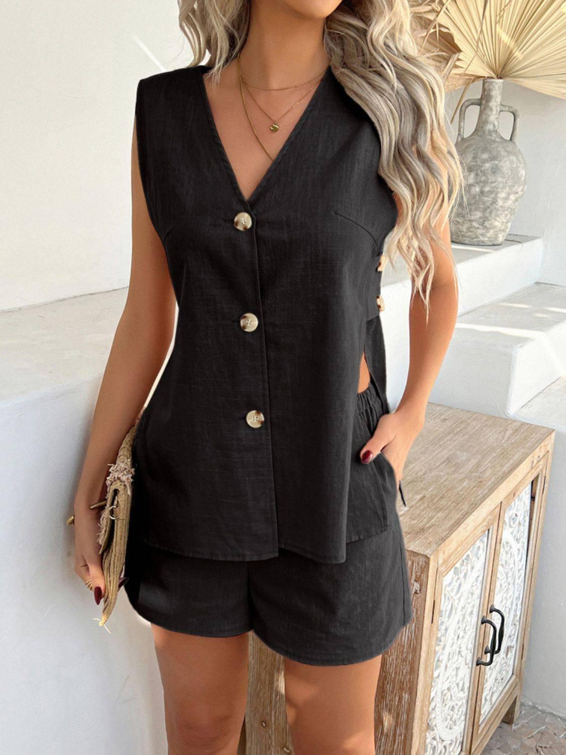 Devine Button Down V-Neck Tank and Shorts Set