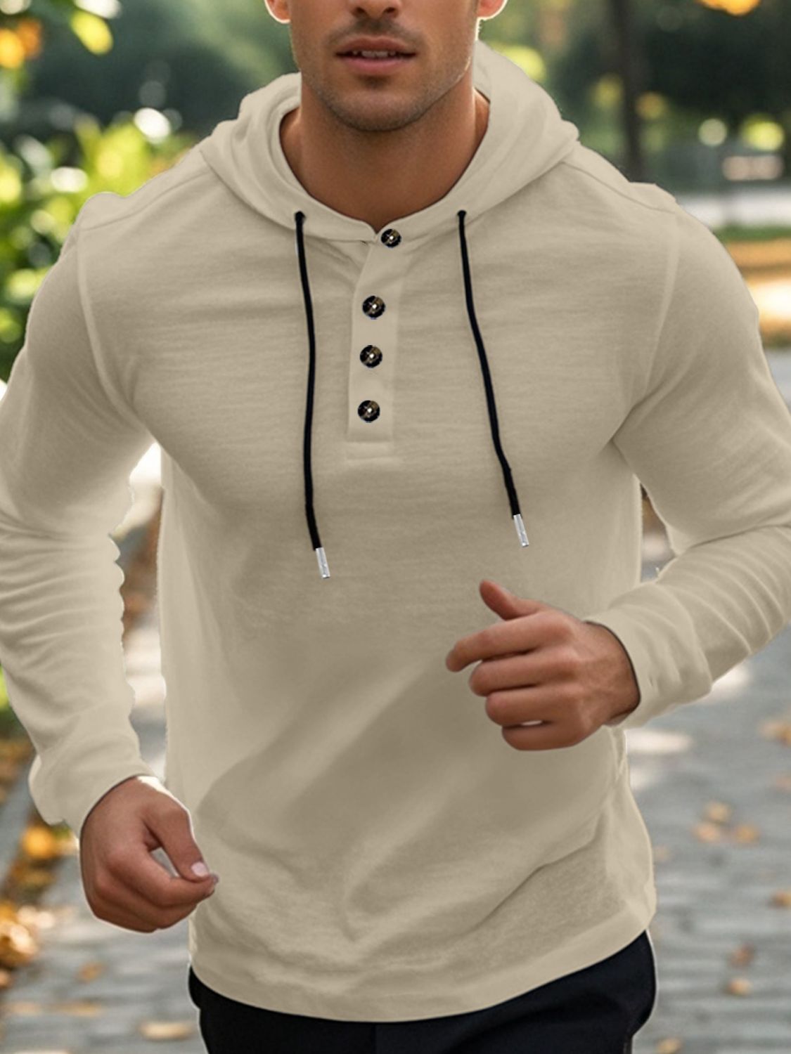 Men's Full Size Drawstring Button Detail Long Sleeve Hoodie Plus Size - Clothes For Her Online Store