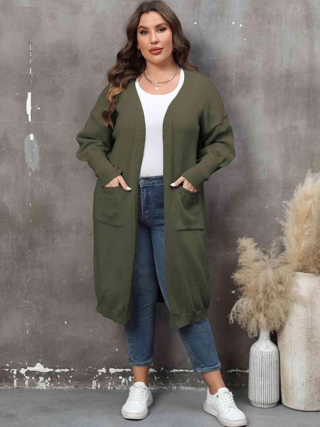Plus Size Long Sleeve Pocketed Cardigan - Clothes For Her Online Store