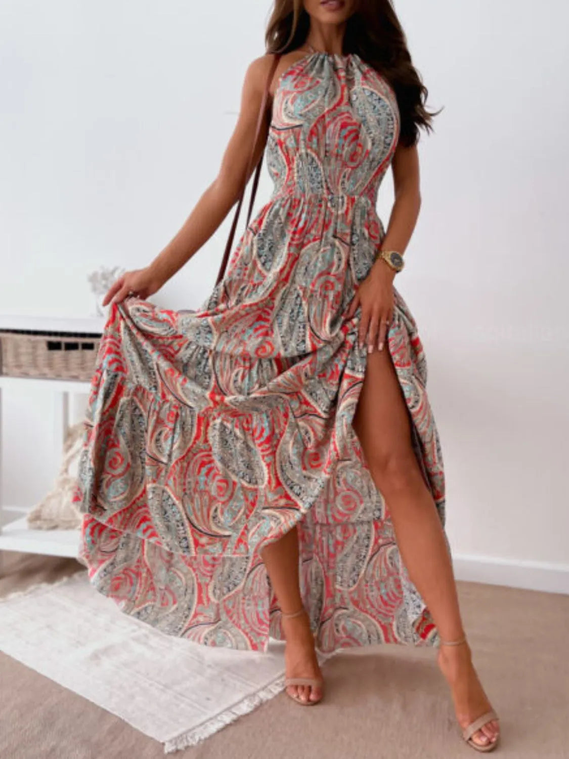 Printed Halter Neck Maxi Dress