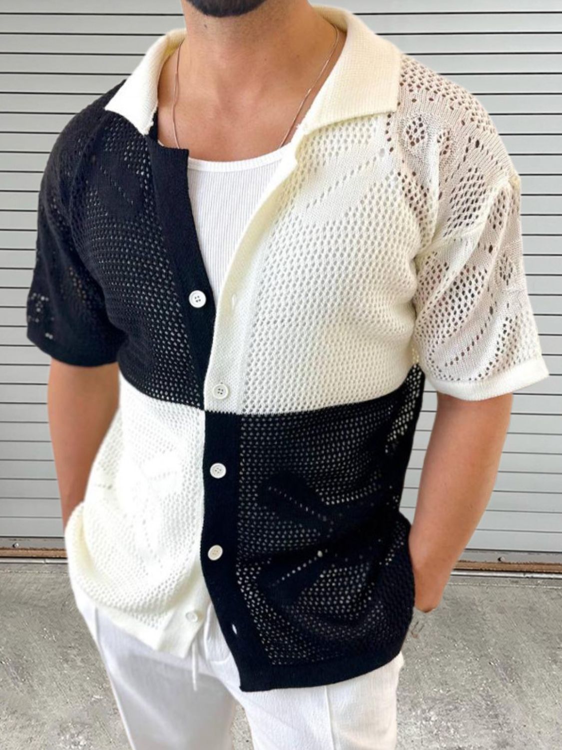 Men's Contrast Button Down Hollow Out Shirt - Clothes For Her Online Store