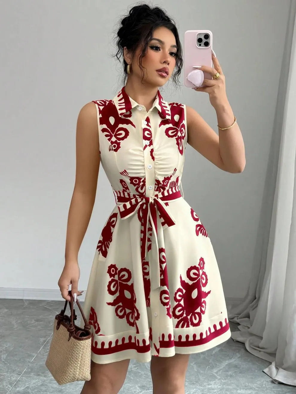 Printed Sleeveless Button Front Dress