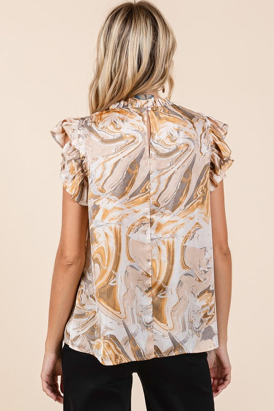 Mittoshop Abstract Print Ruffle Short Sleeve Satin Top - Clothes For Her Online Store