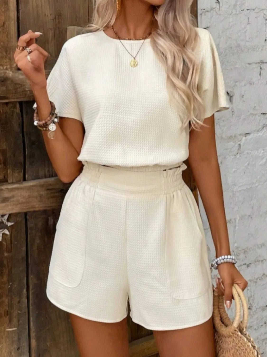 Round Neck Short Sleeve Top and Shorts Set - Clothes For Her Online Store