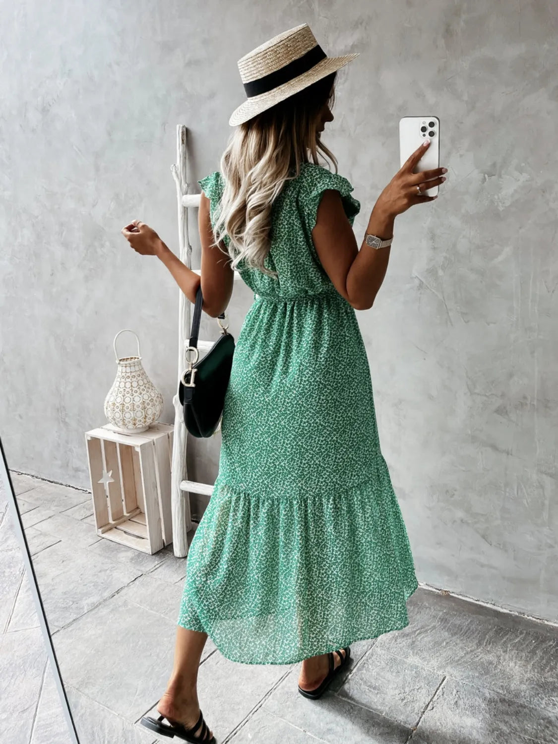 Ruffled Surplice Printed Cap Sleeve Dress