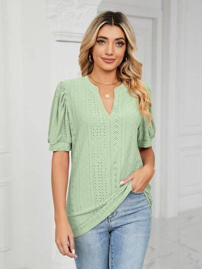 Florira Eyelet Notched Short Sleeve T-Shirt