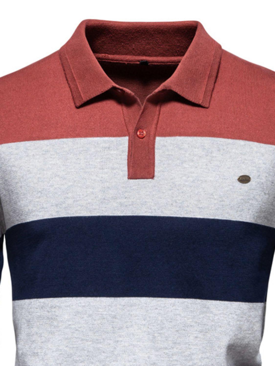 Men's Striped Long Sleeve Knit Polo - Clothes For Her Online Store