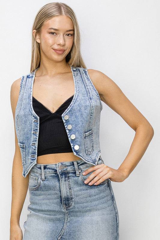 RISEN Button Down Crop Denim Vest - Clothes For Her Online Store