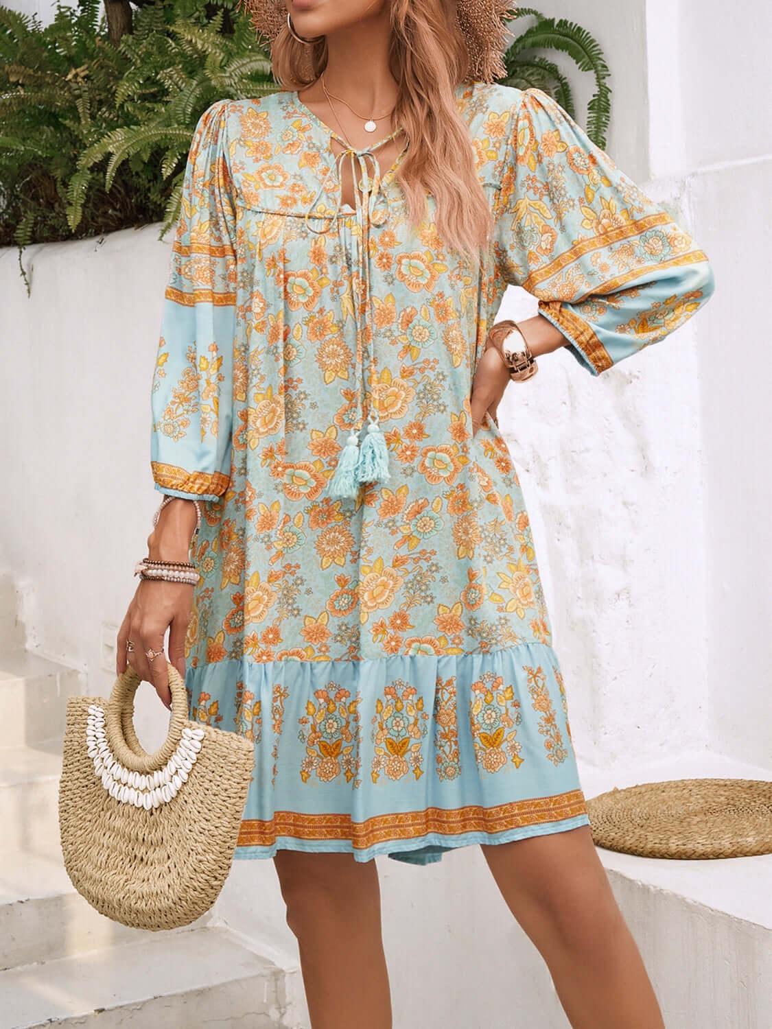 Devine Tassel Floral Tie Neck Mini Dress