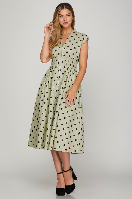 She + Sky Front Zip Polka Dots Cap Sleeve Midi Dress - Clothes For Her Online Store