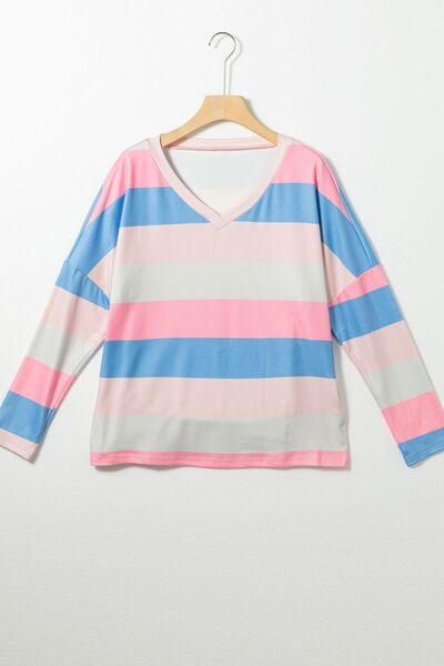 Contrast Striped V Neck Long Sleeve Top