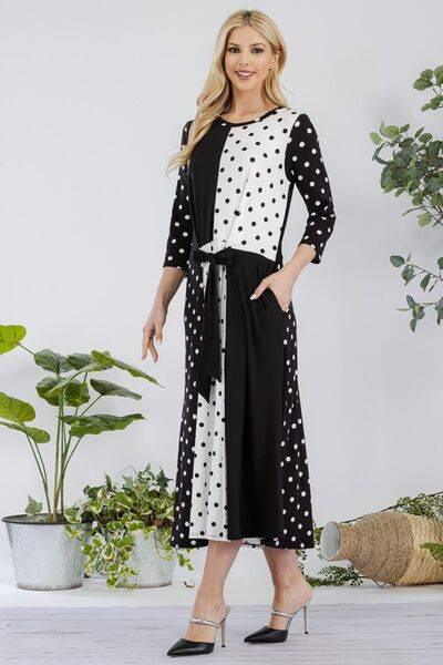 Celeste Full Size Polka Dot Front Tie Midi Dress Plus Size