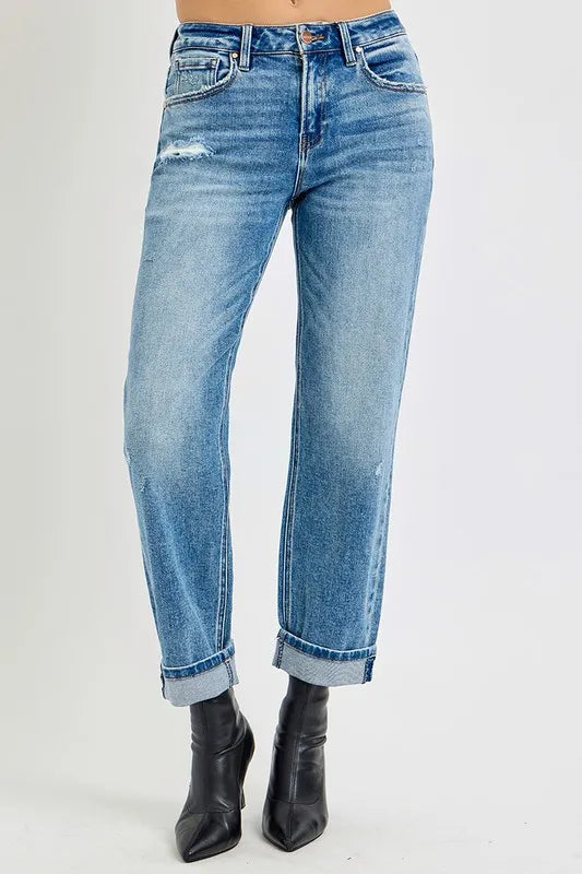 RISEN High Rise Ankle Boyfriend Distressed Jeans