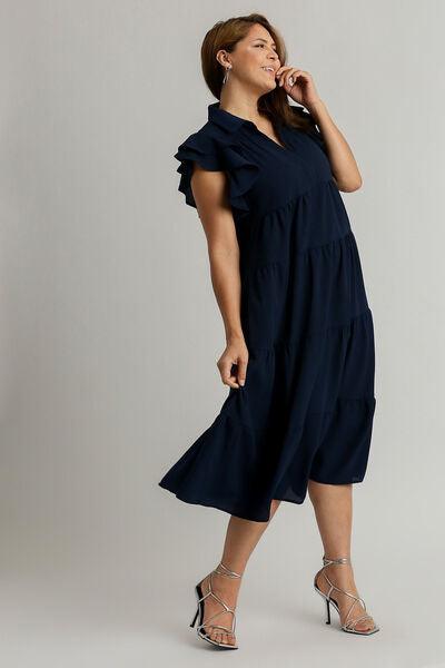 Umgee Full Size Johnny Collar Ruffle Cap Sleeve Tiered Dress Plus Size