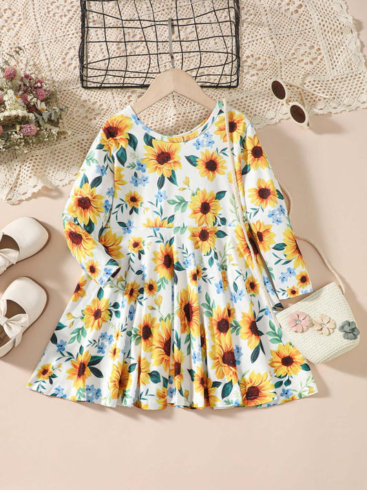 Kids Sunflower Print Round Neck Long Sleeve Dress - Clothes For Her Online Store