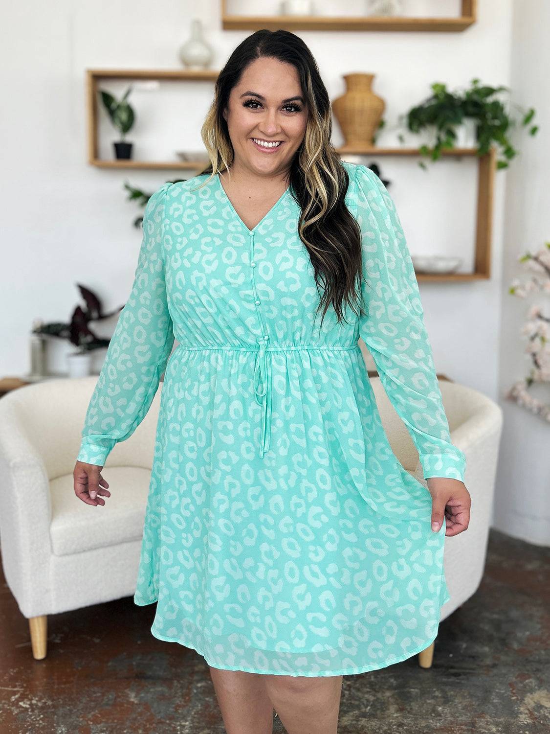 Double Take Full Size Printed Ruched V-Neck Long Sleeve Dress - Clothes For Her Online Store