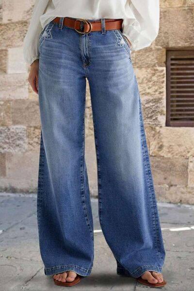 Pocketed Embroidered Straight Leg Jeans - Clothes For Her Online Store