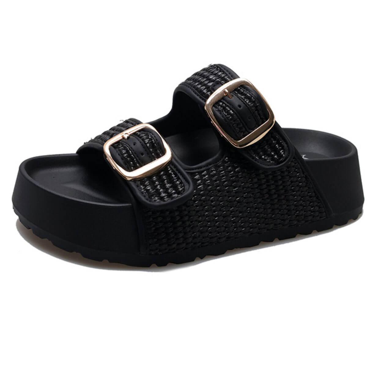 Raffia-Effect Double Buckle Platform Sandals