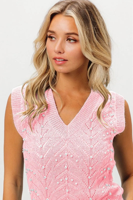 BiBi Chevron Pointelle Pearl Knit Top
