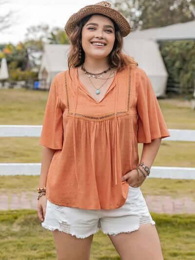 Plus Size Ruched Tie Neck Half Sleeve Blouse - Clothes For Her Online Store