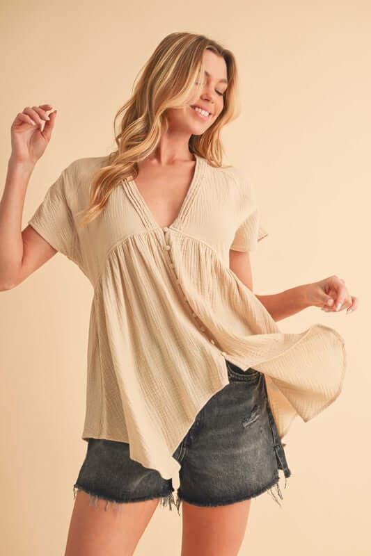 Aemi + Co Tuck Detail V-Neck Short Sleeve Blouse