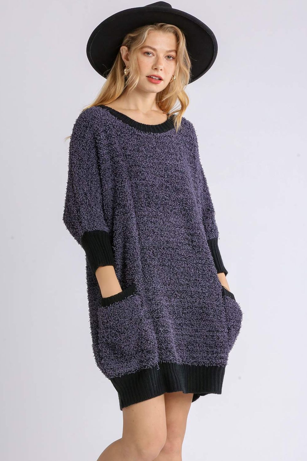 Umgee Full Size Ribbed Hem Round Neck 3/4 Sleeve Sweater Dress with Pockets Plus Size - Clothes For Her Online Store