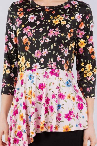 Celeste Floral Asymmetrical Hemline Round Neck Top