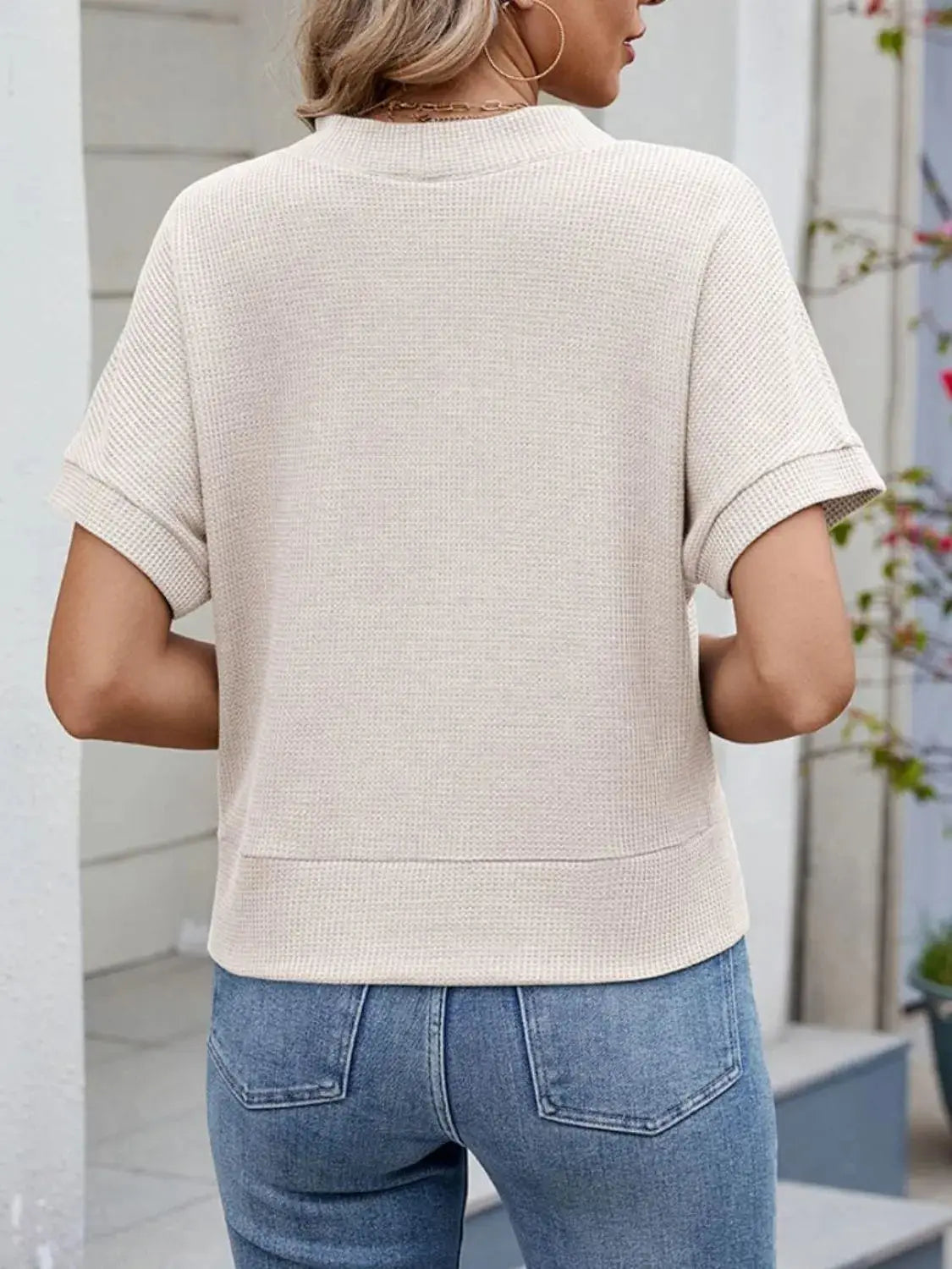 Waffle Knit Button Down Short Sleeve Top - Clothes For Her Online Store