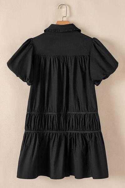 Button Down Puff Sleeve Ruffle Hem Dress