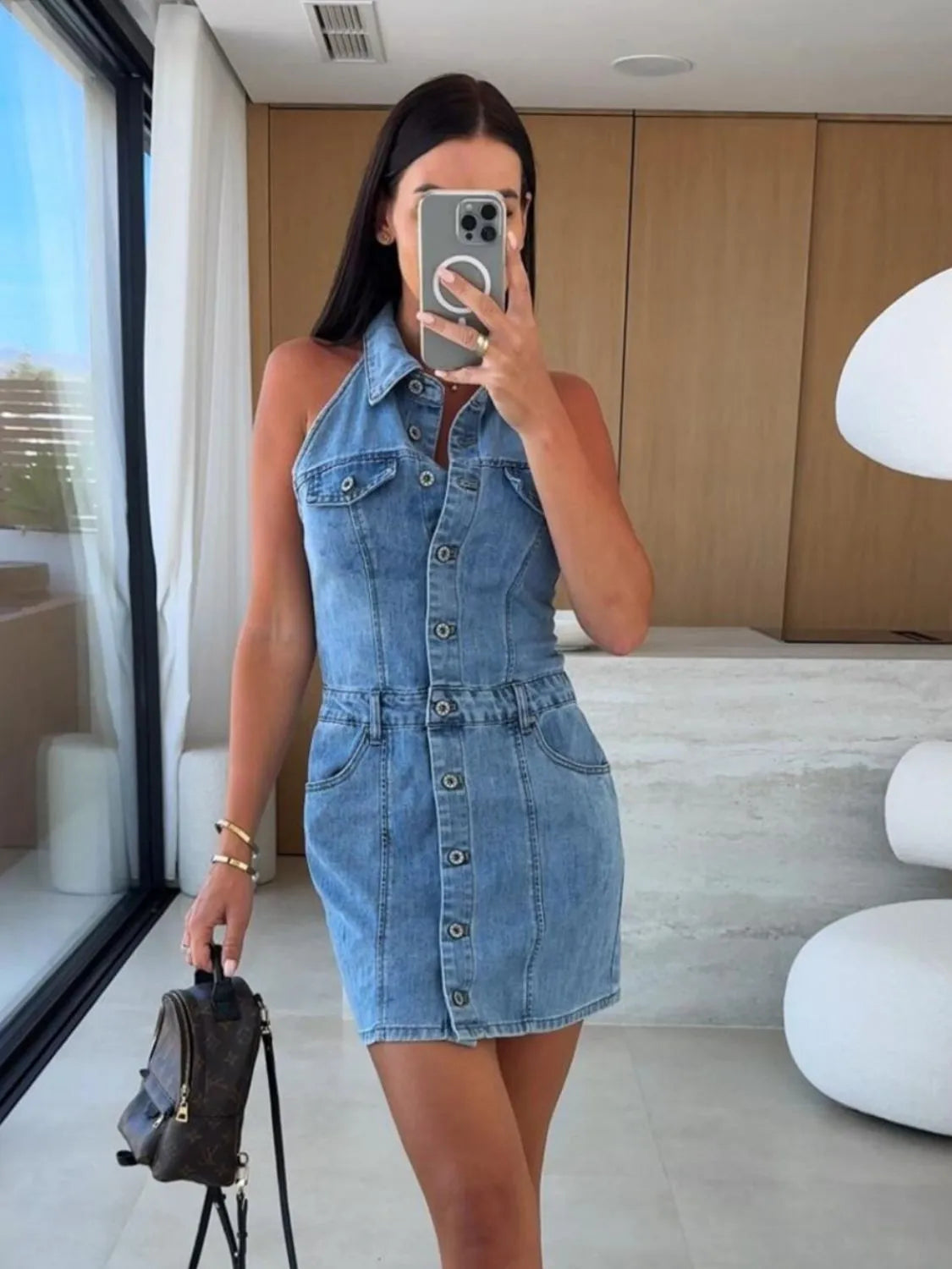 Button Front Sleeveless Denim Mini Dress