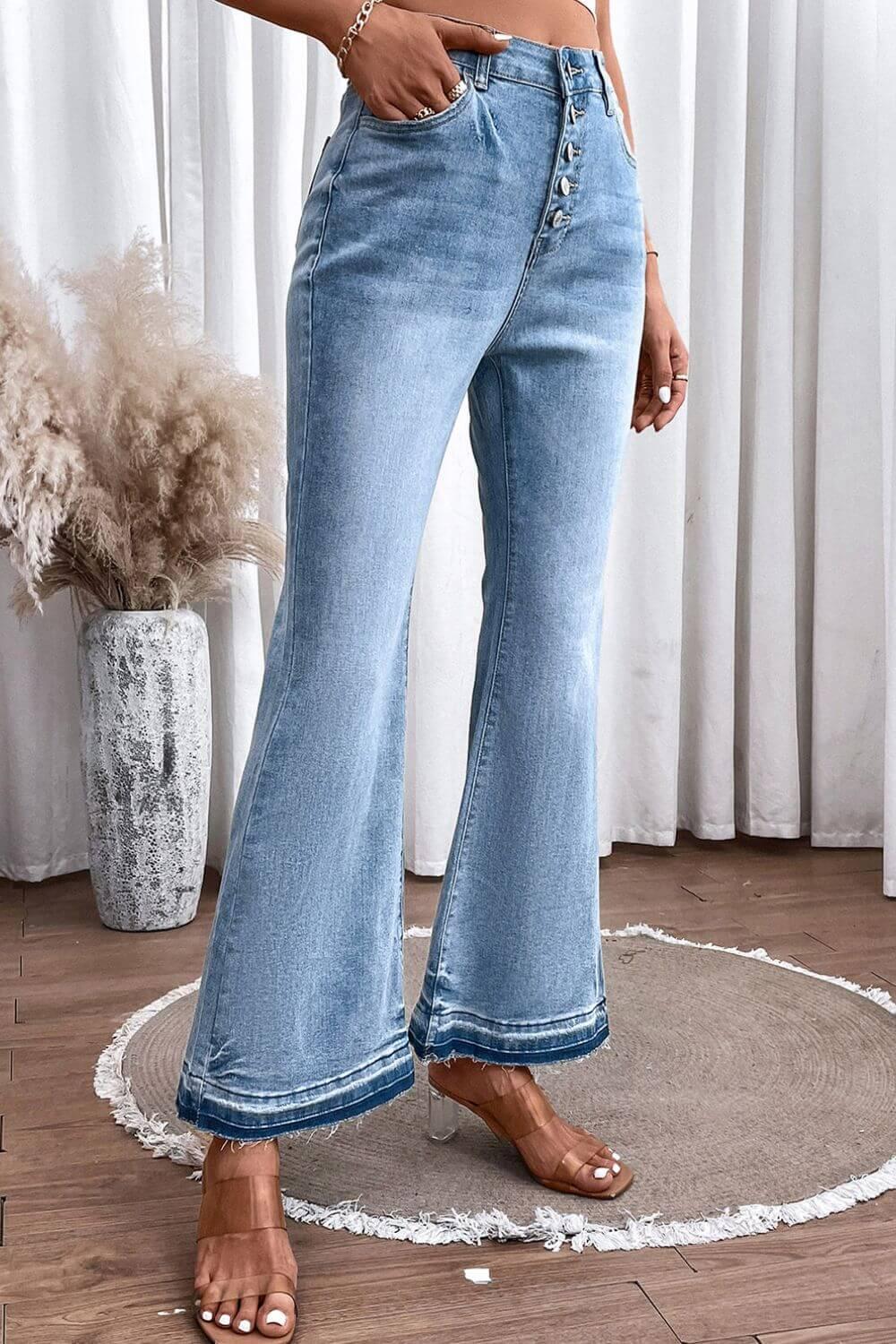 High Waist Button Fly Flared Jeans