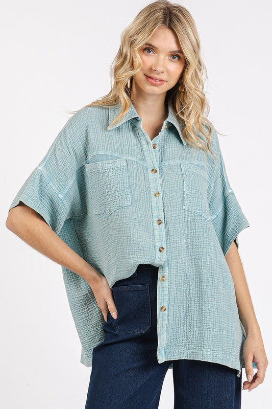 Mittoshop Mineral Wash Gauze Oversized Short Sleeve Shirt - Clothes For Her Online Store