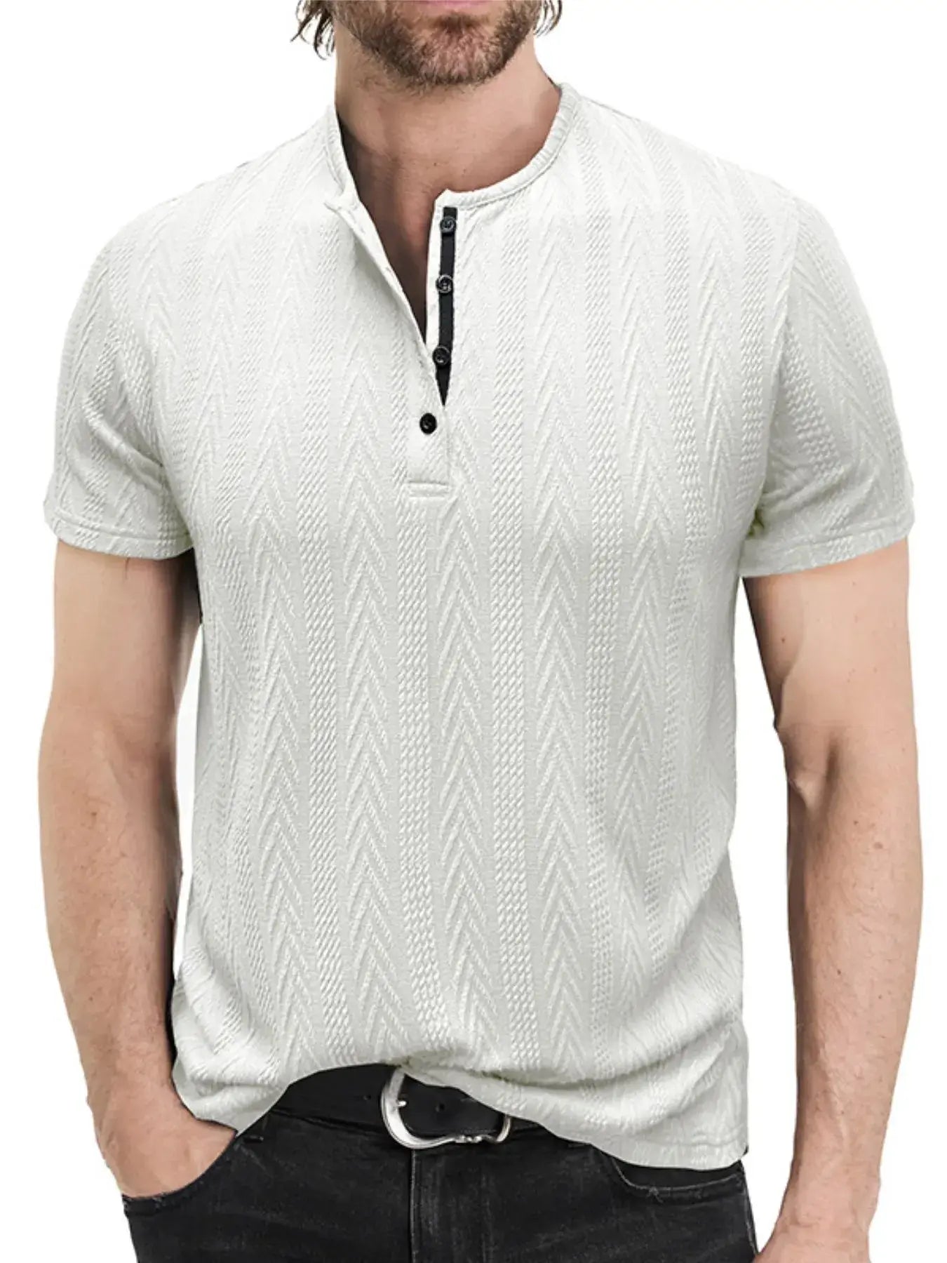 Men's Textured Chevron Pattern Henley Polo Shirt